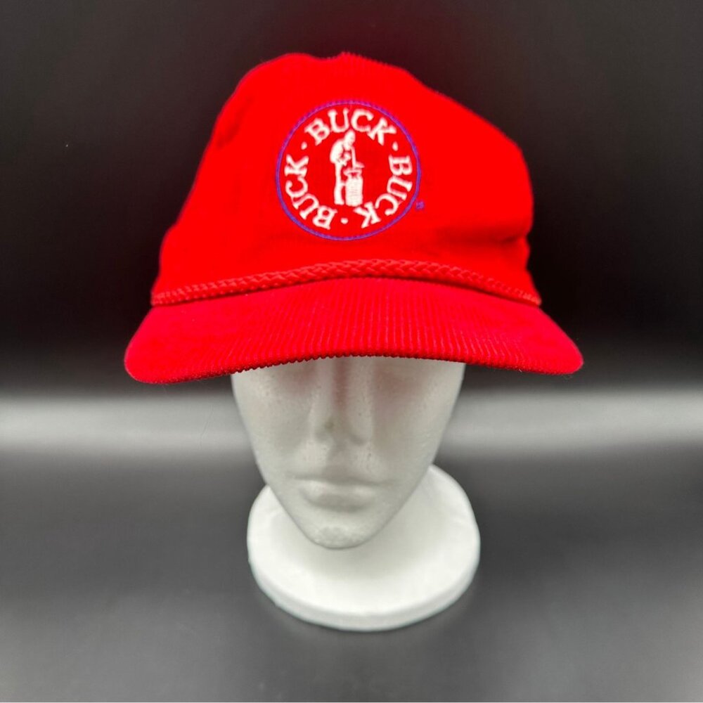 Vintage Buck Knives Hat Red Corduroy Adjustable Trucker Cap Made In Korea Retro - Picture 2 of 10